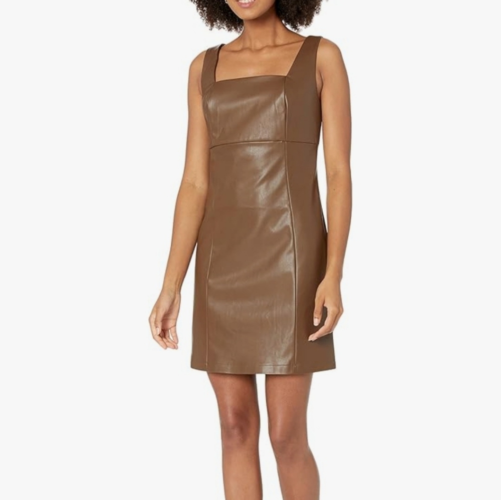 The Drop Hank Vegan Leather Square Neck Mini Dress in Coffee Bean Size M